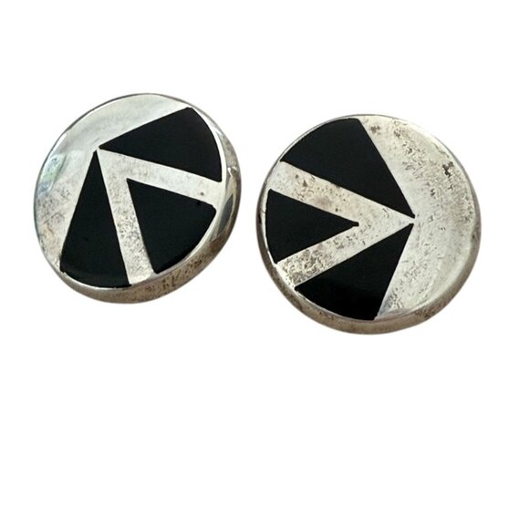 TAXCO MEXICO Sterling Large Button Clip on Earrings Modernist Onyx inlay TM-21G - Picture 1 of 9